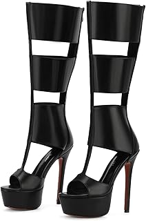 Platform Knee High Sandals for Women, Gladiator Open Toe Summer Booties Black Heels Sandal Boots, Sexy Style Casual for Party