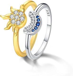 925 Sterling Silver Sun and Moon Ring Set Stackable Rings for Women Sparkling Gold and Silver Rings CelestialJewelry Anillos Para Mujer Matching Rings as Friendship Rings BBF Gifts for Bestie Mother Daughter