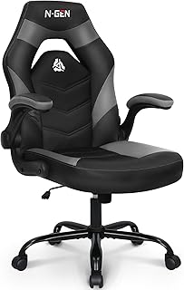 N-GEN Video Gaming Chair Ergonomic Computer Desk Office Chair with Lumbar Support Adjustable Height Swivel Wheels Flip-Up Arms PU Leather Home and Office (Grey)