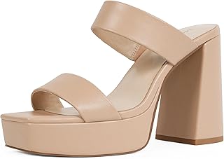 Platform Heels for Women Square Open Toe Chunky Heel Platform Sandals Two Strap Slip On Heels Wedding Party Dress Shoes