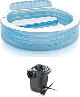 INTEX Swim Center Inflatable Family Lounge Pool: Built-In Bench – Cup Holder – 156 Gallon Capacity – 90"x86"x31" Bundled with 120V Electric Air Pump