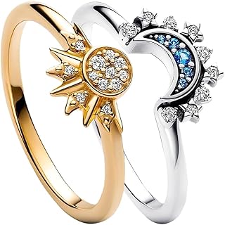 Sun And Moon Ring Set Size 6-11 Celestial Sun Moon Crescent Ring Set Gold Silver Shiny Sun Ring Blue Moon Ring for Women Men Fashion Rhinestone Crystal Rings Set Jewelry Gift