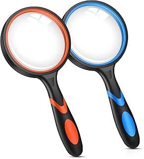 2PCS Upgrade 10X Magnifying Glass, Large Handheld Magnifier Magnafying. Glasses for Kids/Seniors Reading, 3 Inch Shatterproof Lupa Magnify Glass Lens, Rubber Handle - for Observation