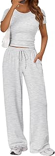 2 Piece Matching Summer Lounge Set Womens Side Ruching Top Wide Leg Pants Sets with Pockets