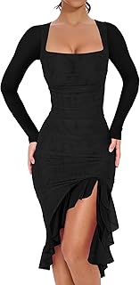 Women's Sexy Ruched Bodycon Midi Dresses Elegant Mesh Long Sleeve Square Neck Ruffle Hem Cocktail Party Dress
