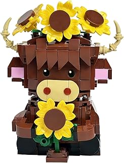 Highland Cow Building Blocks Set, Collectible Animal Building Toy, Creative Scottish Cow Sunflower Brick Set for Adults & Kids (Age 3+), DIY Home Office Decor, STEM Education-Gift Ideas