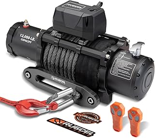 RUGCEL 12000lb Waterproof Electric Winch – 12V Synthetic Rope (100' x 3/8") with Hawse Fairlead, 2 Wireless Remotes + Wired Handle, IP67 Rated, for Truck Trailer