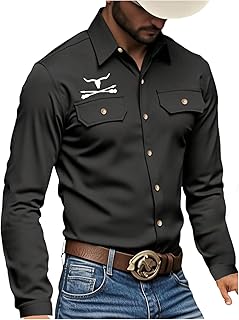 Men's Long Sleeve Western Shirts Button Down Collared Shirt Top Cowboy Outfits