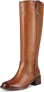 Women's Knee High Boots Chunky Low Block Heel Round Toe Faux Leather Rinding Boots with Side Zip Fashion Tall Boots for Women