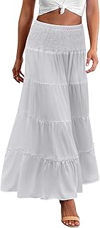 Women's Long Maxi Skirts Tiered Elastic High Waist Boho Double Layered Print A-Line Casual Midi Dress