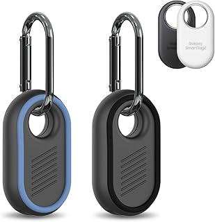 2 Pack Compatible for Samsung Galaxy SmartTag2 Case, Rugged Full Protective Anti-Slip Soft Silicone Case for Galaxy Smart Tag 2 with Key Ring, for Keys, Wallet, Luggage, Pets (Black & Blue)