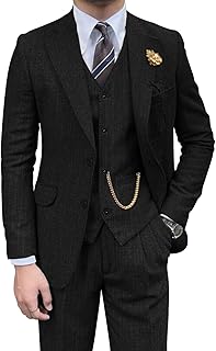 Retro Mens 3 Piece Suit Tweed Herringbone Slim Fit Suits Groomsmen Brown Tuxedos Set Prom Jacket Blazer Vest Pants for Men