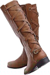 Womens Strappy Motorcycle Knee High Boots Winter Lace Up Riding Flat Low Heel Shoes