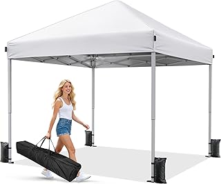 Driftalia 10x10 Pop Up Canopy Tent, Instant Setup Portable Canopy with Carry Bag, 4 Sandbags and 8 Stakes for Outdoor Events, Parties & Camping - White