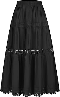 Renaissance Skirt with Pockets,High Waisted Elastic Boho Tiered Maxi Skirt,Lace Flowy Pirate Fairy Medieval Costume
