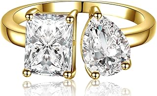 Adjustable Toi Et Moi 14K Gold Plated Engagement Ring for Women Radiant-Cut & Pear-Shaped AAAAA Cubic Zirconia Fake Wedding Ring|Statement Promise Ring for her Choose Open Size 5-9