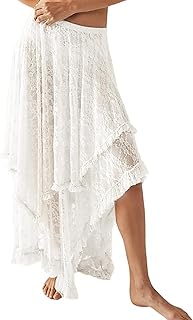 Lace Skirts for Women Flowy Boho Maxi Skirt Elastic Asymmetrical Layered See-Through Long Skirt