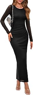 Women's Bodycon Maxi Dress Fall Fashion Long Sleeve Floral Print Tight Fitted Party Club Ruched Dresses