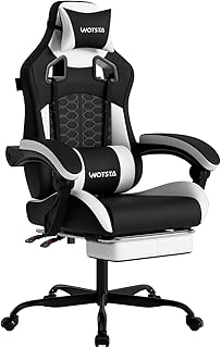 Gaming Chair with Massage,Ergonomic PC Gaming Chair with Footrest Comfortable Headrest and Lumbar Support,High Back PVC Leather,300LBS (Black White)