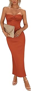 Women's 2026 Summer Bodycon Maxi Dress Strapless Tube Twist Knot Front Ribbed Knit Slit Cocktail Party Dresses
