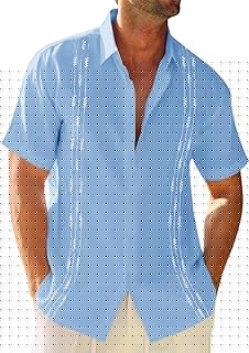 Mens Linen Shirt Guayabera Cuban Short Sleeve Button Down Cotton Summer Beach Hippie Shirts