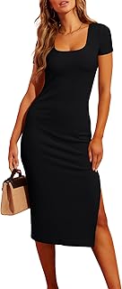 Women's Summer Midi Bodycon Dresses Basic Square Neck Side Slit Ribbed Knit Fitted Casual Sleeveless Tank Dress