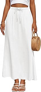 Women's Linen Maxi Skirt Drawstring Back Slit Elastic High Waisted Flowy 2026 Summer White Long Skirts for Women