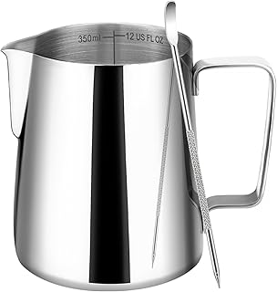 Milk Frothing Pitcher, 12oz Milk Frother Cup with Clear Scale, 304 Stainless Steel Cappuccino Espresso Machine Accessories for Barista Coffee Bar with Latte Art Pen, Silver