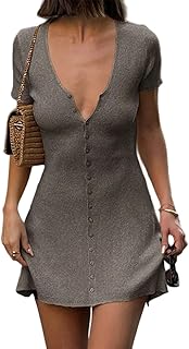 Women Sexy Deep V Neck Button Front Knit Mini Dress Elegant Short Sleeve Ribbed Flowy Hem A-Line Short Dress
