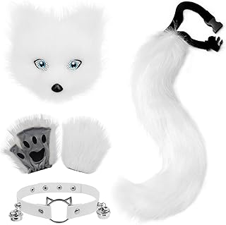 Faux Fur Fox Tail Cat Mask Paw Gloves and Leather Choker Costume Accessories Set for Halloween Cosplay Parties