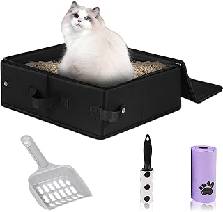 Portable Cat Litter Box, Foldable Cat Travel Litter Box with Zipped Lid and Free Litter Scoop, Bag, Roller,No Smell, Waterproof, Leak-Proof, Easy to Use in Hotels and Other Outdoor Use(Black)