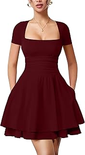 Women's Casual Square Neck Ruffle Hem Mini Dress Short Sleeve Short Party Dresses with Pockets