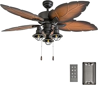 Prominence Home Ocean Crest 52" Tropical Ceiling Fan with Light and Pull Chain, Bronze - Large Indoor and Outdoor Electric Fan with 3 Mounting Options, 5 Blades, and 3-Speed Reversible Motor