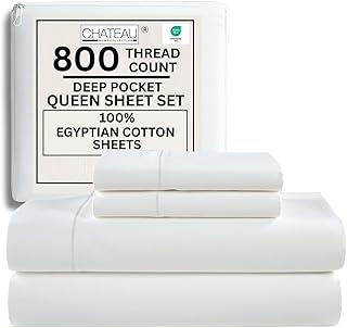 800 Thread Count Queen Sheet Set,100% Egyptian Cotton Sheets Queen Size Bed Set, Silky Sateen Weave White Sheets, Buttery Soft Durable Hotel Luxury Bed Sheets with 15" Snug Fit Deep Pockets-White