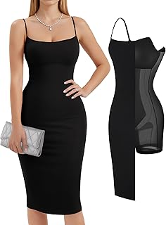 Womens Summer Shapewear Dress - Bodycon Cocktail Graduation Party Midi Dresses with Built-in Bra
