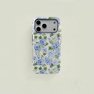 Blue Hydrangea Girly 2-in-1 Shockproof Phone Case for iPhone 17 Pro Max to 12 – Durable, Stylish & Shock Absorbing, Creative Summer Spring Design (Blue Hydrangea, iPhone 17 Air)