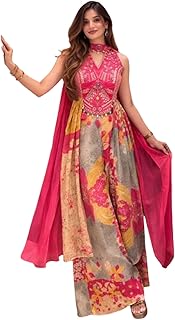 Women's Indian Ethnic Shrug Outfit, Pink Floral Printed Anarkali with Hand Work Embroidered Top and Dupatta