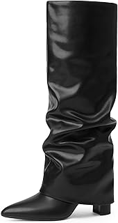 Knee High Boots Women Fold Over Knee High Boots Chunky High Heels Long Boots Zipper Pointed Toe Dress Tall Boots for Women