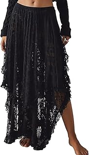 Lace Skirts for Women Flowy Boho Maxi Skirt Elastic Asymmetrical Layered See-Through Long Skirt