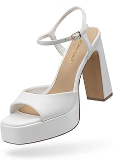 Platform Heels for Women, Square Toe Chunky High Heels Ankle Strap Sandals for Wedding Party Formal Event