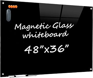 Glass Dry Erase Black Board - Magnetic Blackboard 48"X36" Frameless Whiteboard Clear Glass Boards with Super Strong Magnets, Wall Mounted for Office, Classroom and Home