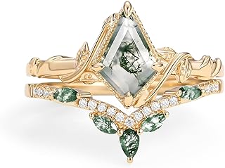 Natural Moss Agate Leafy Vintage Bridal Sets Wedding Rings for Women, 10K 14K 18K Solid Gold Kite-Cut Green Moss Agate and Moissanite Engagement Ring for Women Mother Her Jewelry Gift