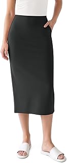 Modal Soft Midi Skirt for Women Back Slit High Waist Casual Long Pencil Skirts with Pockets
