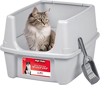 IRIS USA Cat Litter Box Large Open Top with High Sided Walls Tall Scatter Shield Scoop Included Easy Clean Plastic Pan Stain Resistant for Big Cats Kittens Indoor Multi-Cat Households