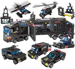 1102 Pieces City Police Station Building Kit, SWAT Mobile Command Center Truck Building Toy with Police Car, Helicopter, Patrol Boat, Learning and Roleplay Swat Toy Gift for Boys and Girls