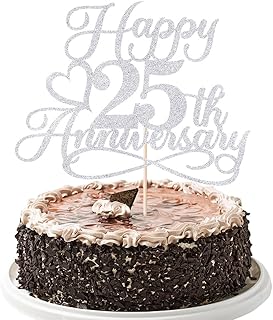 Glitter Happy 25th Anniversary Cake Toppers -Wedding Anniversary Party Decorations,25th Wedding Anniversary, Company Anniversary Party, Birthday Party Decorations (silver)