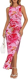 Bodycon Maxi Dress Womens Sleeveless Floral Print Fitted Party Club Ruched Dresses with Side Slit