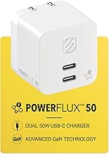 Scosche PowerFlux 50W Fast Charging Dual USB-C GaN Wall Charger Block with Power Sharing & Foldable Plug Compatible with iPhone 17/16, iPad, MacBook Pro, Samsung Galaxy S25/S24 & More Type-C Devices