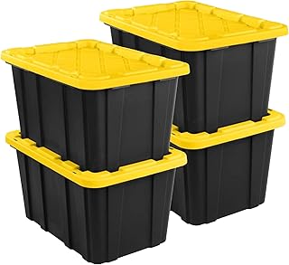 Sterilite 4-Pack 27 Gallon Industrial Storage Tote, Heavy-Duty Plastic Bins, Black/Yellow - Stackable Utility Organizers with Lids for Garage, Camping Tools, and Outdoor Gear