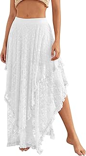 Womens Lace Long Skirts Elastic Asymmetrical Layered Hem Sexy See-Through Flowy Skirts Floral Beach Maxi Skirt
